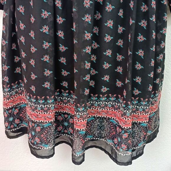 Womens Dark Floral Sheer Long Sleeve Boho Western Mini Dress / Belt sz L - Picture 6 of 14